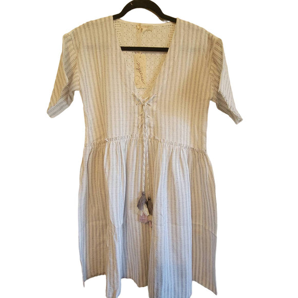 Mystree Womens Short Sleeve Cotton Woven Dress Stripes Lace Tassel Ties Boho