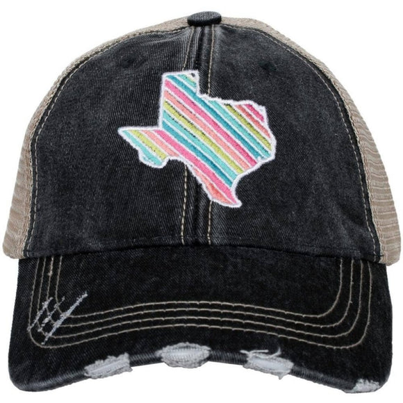 MultiColor Stripe Texas State Embroidered Black Distressed Trucker Hat