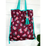 Drawstring Cotton Market Tote Shopping Bag Maroon Pink Aqua
