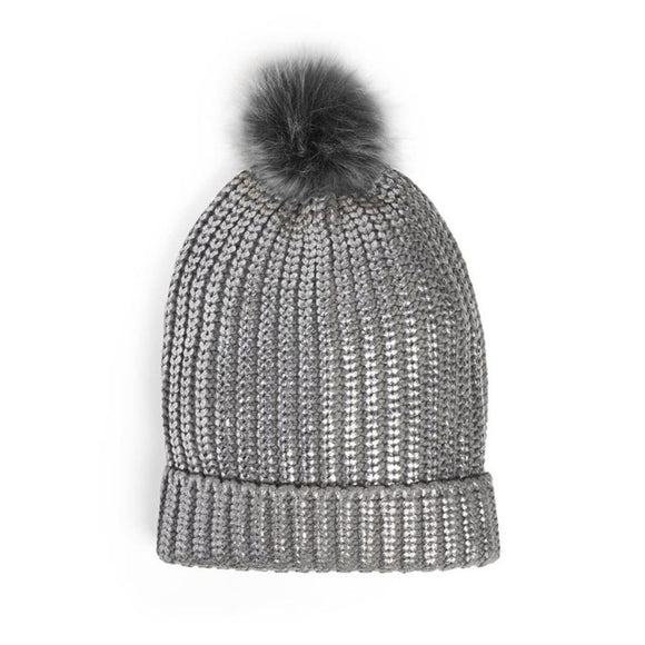 Silver Grey Metallic Faux Fur Pom-Pom Beanie Hat