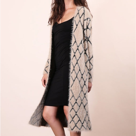Taupe Black Diamond Pattern Cozy Long Sweater Cardigan - S