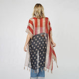 Distressed Color Aged American Flag Kimono With Tassels