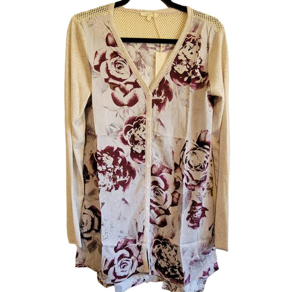 Mystree Womens Long Sleeve Cardigan Tunic Mixed Material Floral Button Small