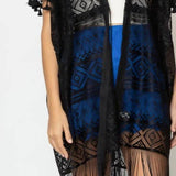 Aztec Boho Lace Fringe Kimono Cover Up Black