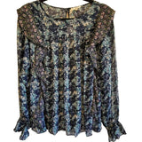 Mystree Womens Long Sleeve Boho Blouse Floral Cottage Ruffle Small Green Blue