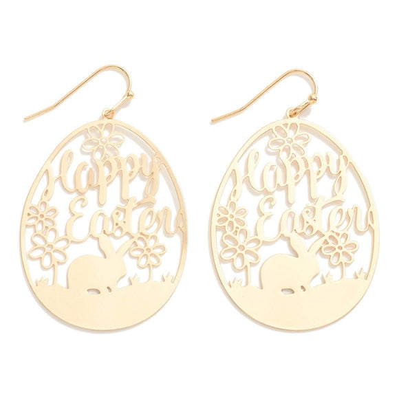Brass Happy Easter Egg with Bunny Dangle Drop Earrings Gold