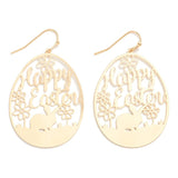 Brass Happy Easter Egg with Bunny Dangle Drop Earrings Gold