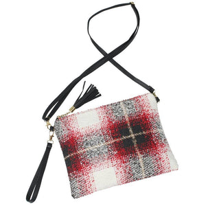 Red Black Plaid Tassel Crossbody Wristlet Clutch Purse Bag Handbag