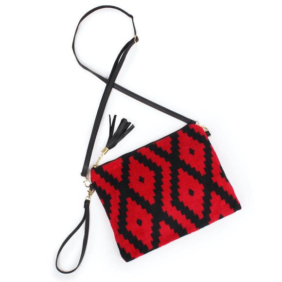 Red Black Aztec Tassel Crossbody Wristlet Handbag