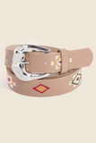 Boho Aztec Multicolor Embroidered Pattern Vegan Leather Belt Khaki