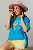 Bright Blue Fun Flamingo Sequin Patch Tee