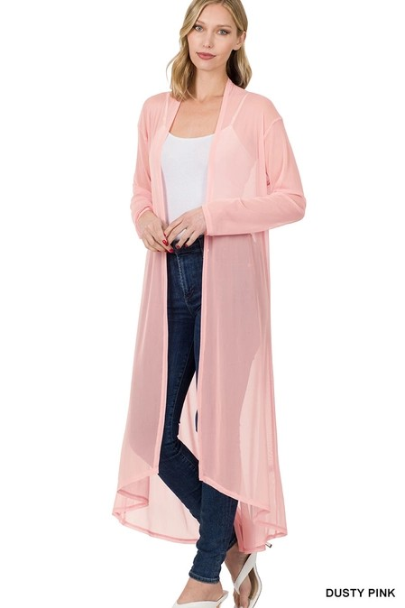 Mesh Lightweight Long Open Front Cardigan Dusty Pink