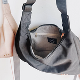 Khaki Washed Canvas Crossbody Hobo Bag with Adjustable Logo Strap