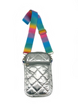 Shimmer Metallic Silver Quilted Puffer Messenger Cross Body Bag Rainbow Strap