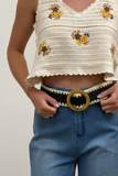 Boho Whipstitch Raffia Belt with Wooden Round Buckle Black