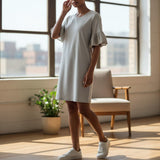 Mystree Dress Cotton Tunic Sheath Knit Eyelet Embroidery Bow Tie Closure Beige