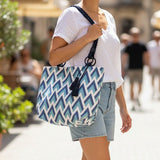 Blue White Mountain Leather Handled Cotton Tote