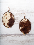 Feelin' Ranchy Brown White Cowhide Oval Copper Earrings With Iridescent Crystals