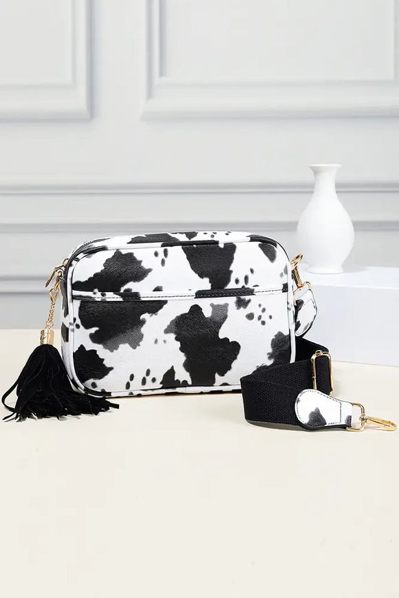 Rectangle Tassel Crossbody Sling Bag Black White Cow Print