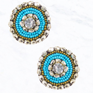 Bead Coin Stud Earrings Turquoise Silver