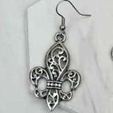 Silver Tone Fleur de Lis Scroll Dangle Earrings