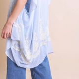 Lightweight Floral Embroidered Tassels Boho Festival Kimono Wrap Blue