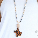 Long Beaded Necklace with Druzy Stone and Hide Leopard Texas Pendant