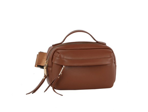 Triple Zip Top Handle Fanny Pack Belt Bag Sling Bag Brown