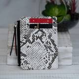 Molly Vegan Leather Snake Print Coin Zipper Tousled Pouch White Black