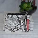 Molly Vegan Leather Snake Print Coin Zipper Tousled Pouch White Black