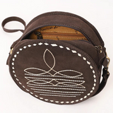 Genuine Leather Western Canteen Bag - Round Crossbody for Women Brown