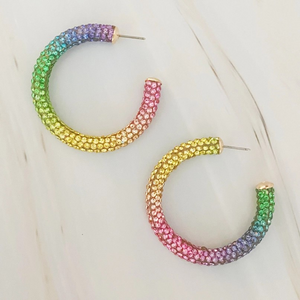 Retro Bling Crystal Hoop Earrings Unicorn Rainbow