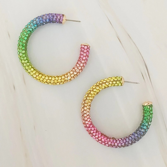 Retro Bling Crystal Hoop Earrings Unicorn Rainbow