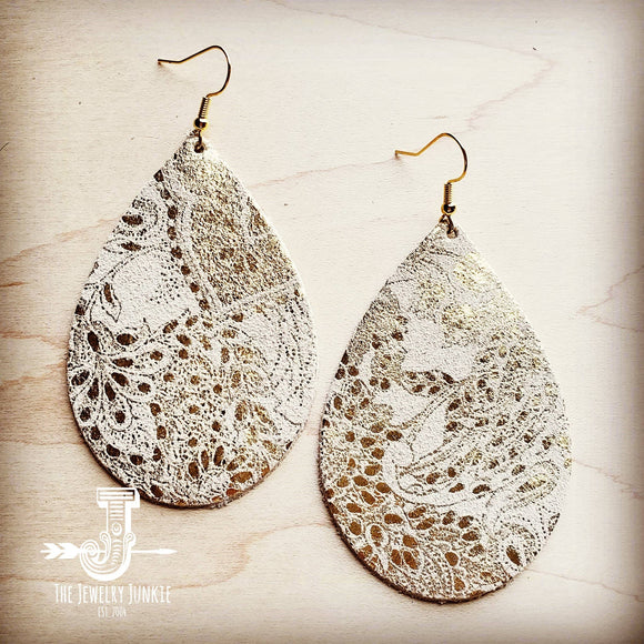 Leather Teardrop Earrings in White and Gold Paisley