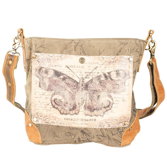 Butterfly Print Canvas Leather Shoulder Bag