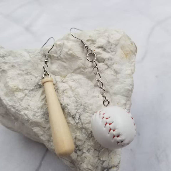 Baseball and Baseball Bat Dangle Earrings