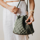 Olive Green Quilted Drawstring Bucket Crossbody