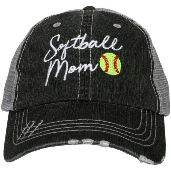 Softball Mom Black Embroidered Distressed Ball Cap Trucker Hat