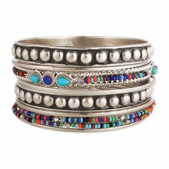 Set of 9 Silver Multi Bead Bangles Layer Stack
