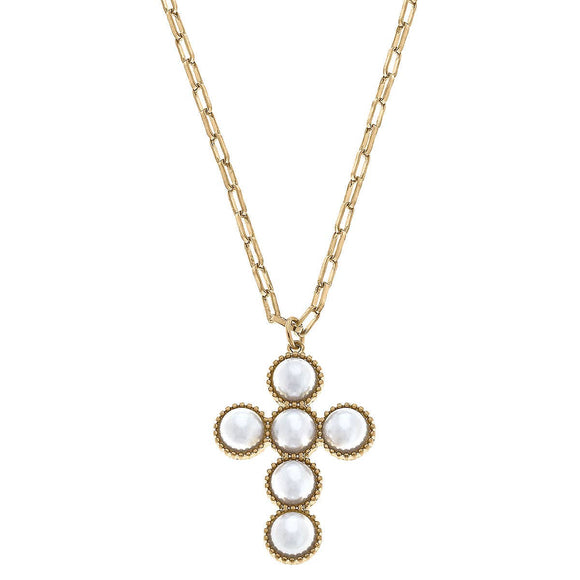 Elisha Pearl Cross Statement Necklace in Worn Gold