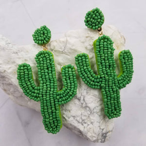Green Beaded Cactus Western Dangle Earrings