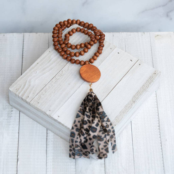 Cheetah Print Tassel Wooden Bead Necklace