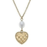 Pearl And Quilted Heart Pendant Chain Link Necklace