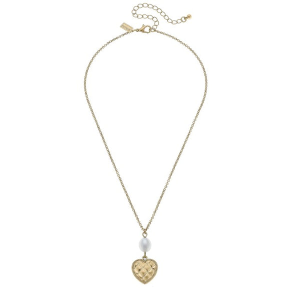 Pearl And Quilted Heart Pendant Chain Link Necklace