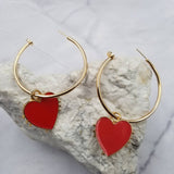 Large Red Enamel Heart Charm Gold Hoop Earrings