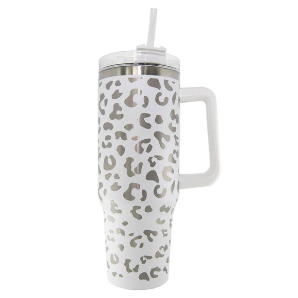 White Silver Metallic Leopard 40 oz Stainless Steel Tumbler Cup with Handle