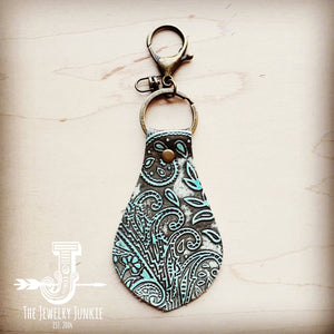 Embossed Leather Key Chain - Turquoise Paisley