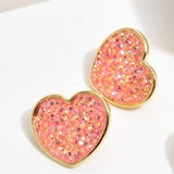 Pink Crystal Glitter Heart Stud Earrings