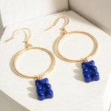 Blue Candy Bear Charm Gold Tone Hoop Drop Dangle Earrings