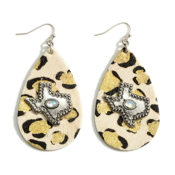 White Leopard Print Teardrop Dangle Texas State Earrings